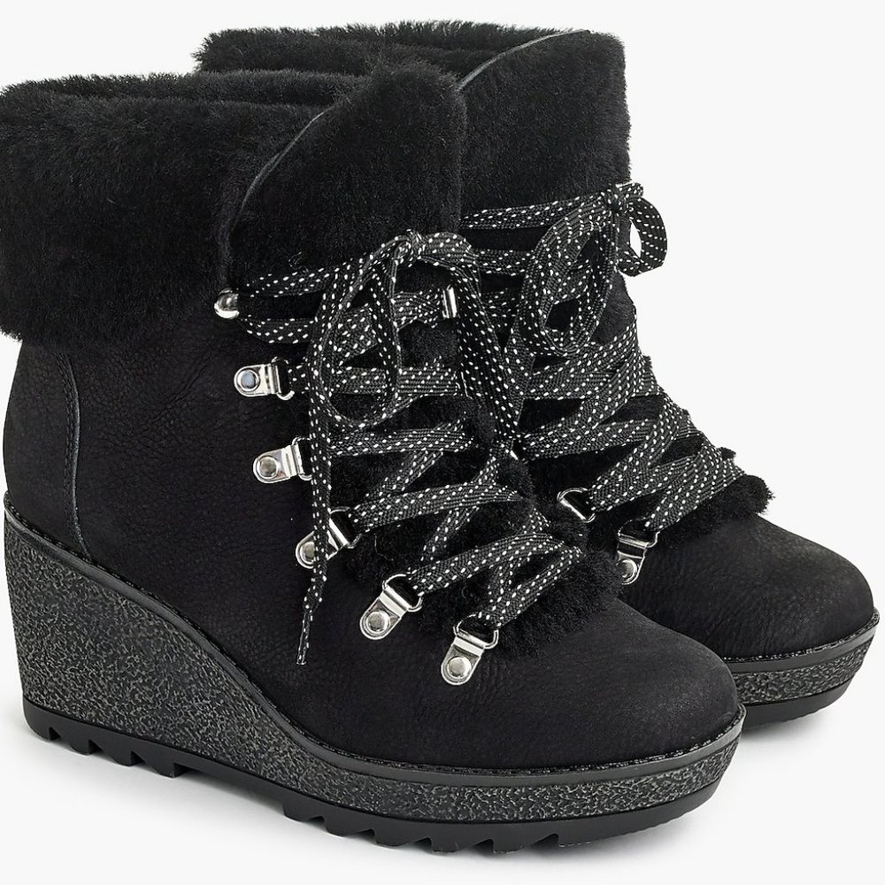 J Crew Women's Nordic Wedge Winter Boots Fur Lined Black size 6